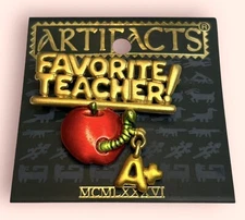 Vintage J.J. Jonette Jewelry Brooch Pewter Favorite Teacher A+ Apple And Worm