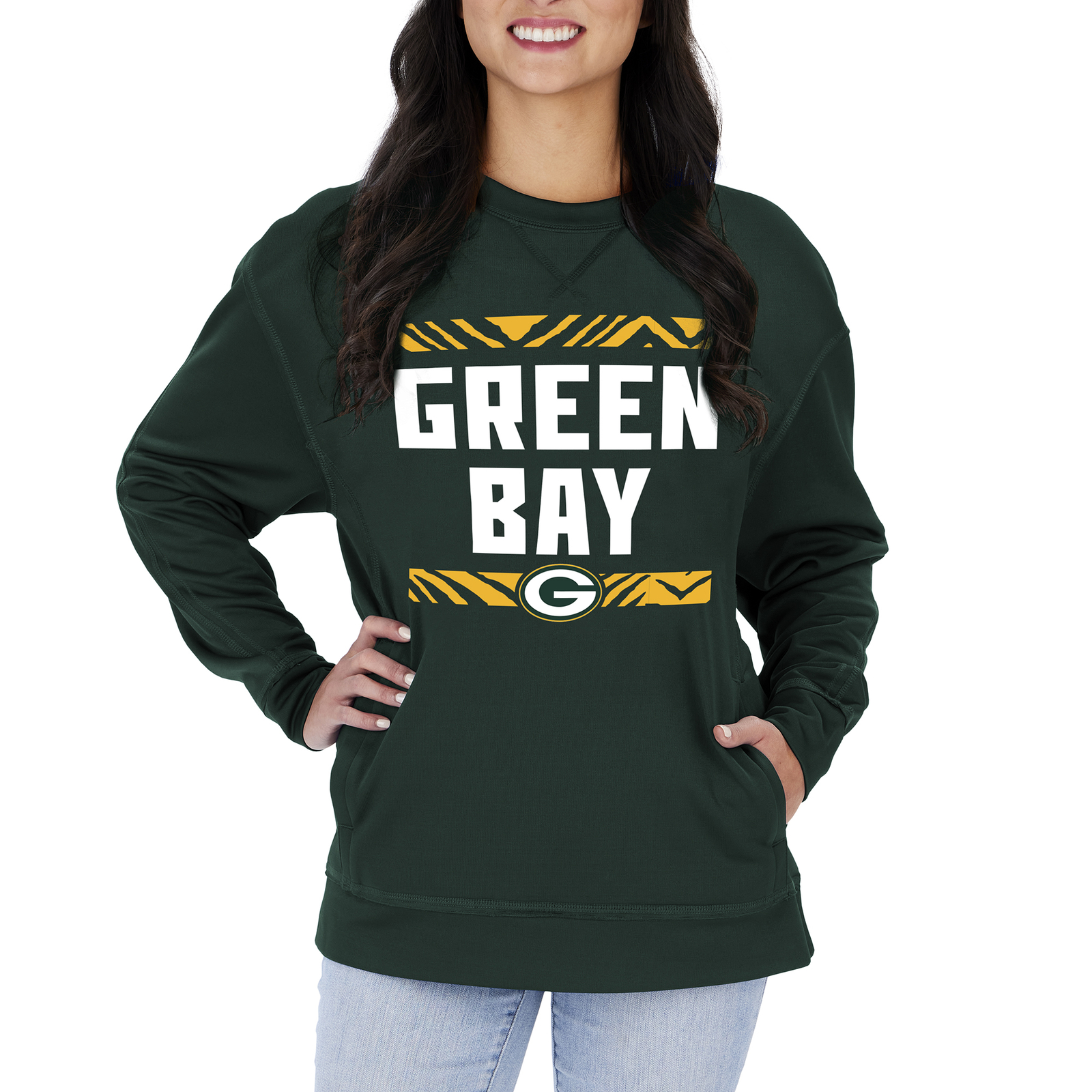 Женская толстовка с круглым вырезом и надписью Zubaz NFL в стиле команды Green Bay Packers