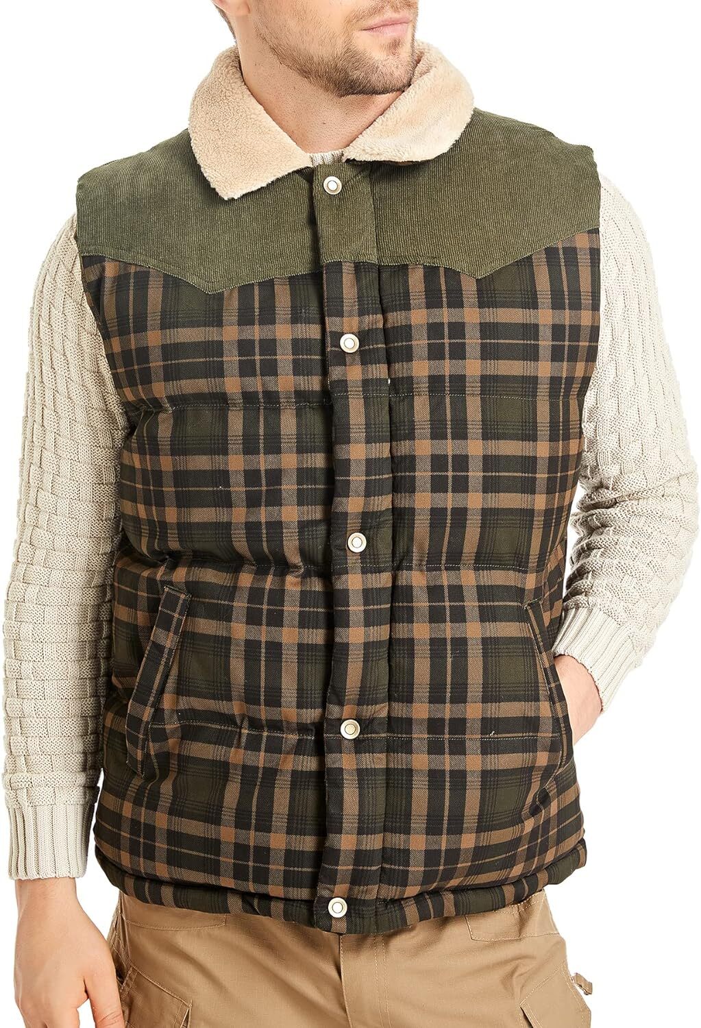 HYPESTFIT Men's Western Puffer Vest Corduroy Yoke Quilted Vest Cotton