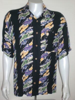 Attui Aloha Shirt Mens XL RAYON Black with Colorful Hawaiian Purple Green Leaves
