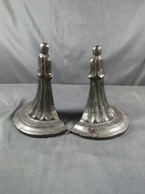 6.5'' Pair Vintage Ornate Black Painted Person Dress Shadow BOOKENDS Unique Rare