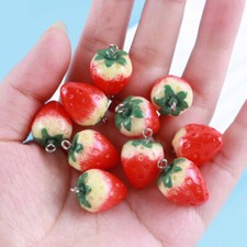 10pcs 3D Red Strawberry Pendants, Cute Resin Hanging Fruit Beads DIY Crafts Cute