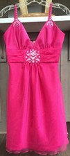 Fuchsia Pink Short Prom Dress Straps Applique Beaded Swarovski Crystals Jr Sz 2
