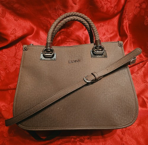 Liu Jo Saffiano Satchel Bag Braided Top Handles Crossbody Strap Taupe Mink NWOT