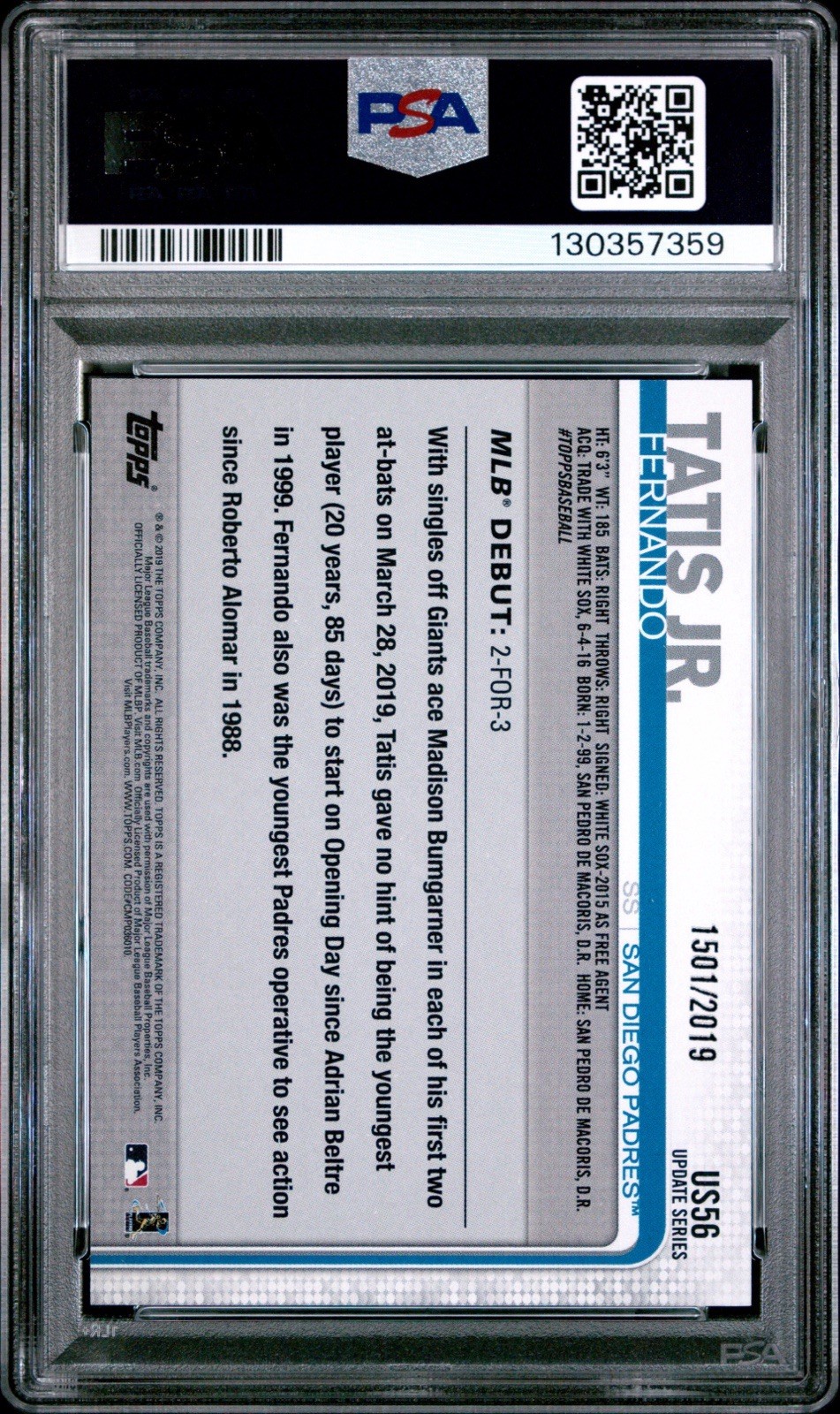 PSA 9 - 2019 Topps Update FERNANDO TATIS JR RC Debut Gold /2019 #US56 view 2