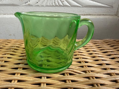Vintage 1930s Green Uranium Glass Creamer Pitcher Swirl Ribbed