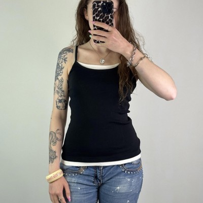 Y2K Vintage Double Layer Cami Top Schwarz Weiß Träger Basic Tank