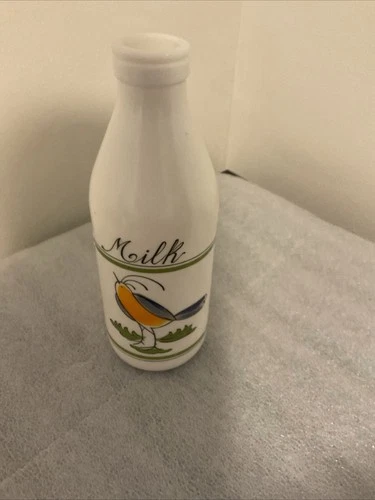 Vintage Egizia White Glass Milk Bottle with Bird 10" Made in Italy 1 Quart