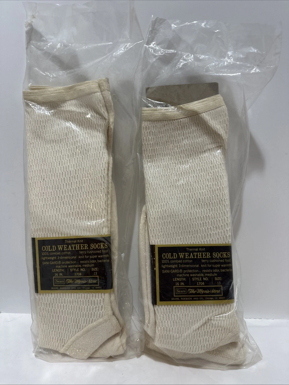2 Pack VTG Sears Thermal Knit Combed Cotton Outdoor White Socks Men Size 13 NOS