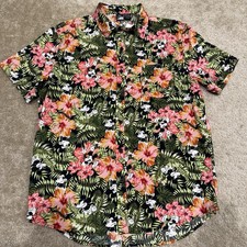 Vintage Disney Hawaiian Shirt Mickey Mouse Mens Large Floral Print Button Camp
