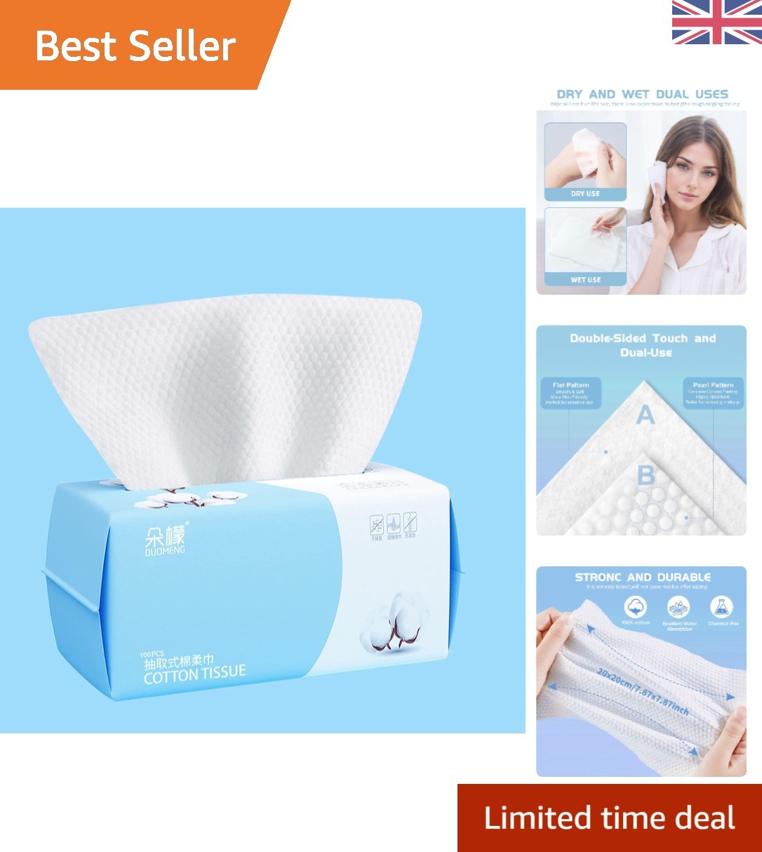 Cotton Facial Dry Wipes 100 Count, Deeply Cleansing Disposable Face Towel Cot...