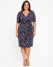 Lauren Ralph Lauren Dress 14 Navy Blue Floral Rushed Midi Faux Wrap 3/4 Sleeve