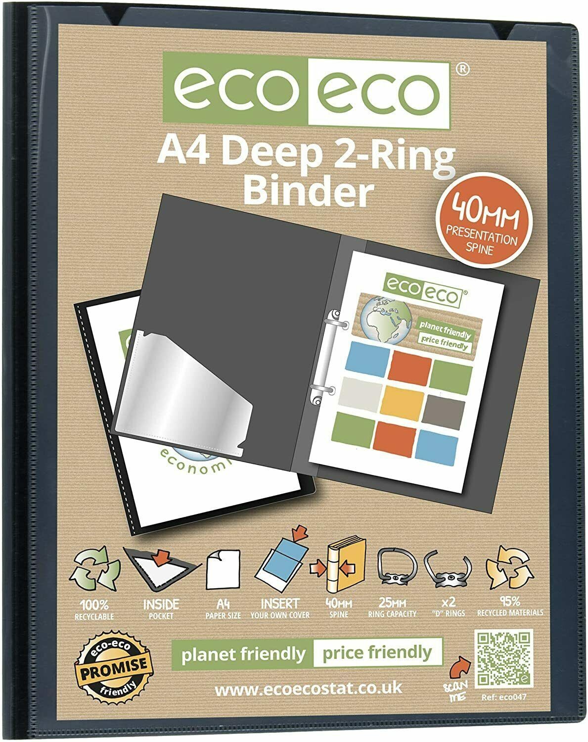 eco eco Ring Binder A4  File Folder 2 Ring Black Cover x 12 Pack