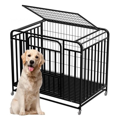 38''/42'' Dog Crate Alloy Steel, Dog Kennel w/Wheels & Removable Tray Black 