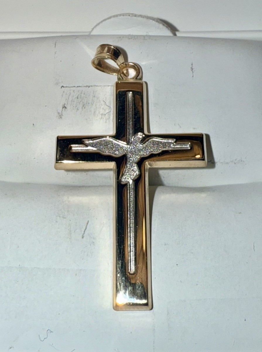 ESTATE Solid 14K Gold Two-Tone Engraved Dove Cross Pendant