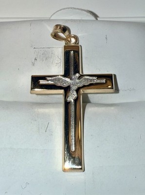Nachlass massiver 14K Gold bicolor gravierter Taubenkreuz Anhänger