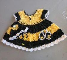 Infant Baby Girl Bumble Bee Hand Crocheted Tierd Dress, Shoes & Hat 0-6 Months