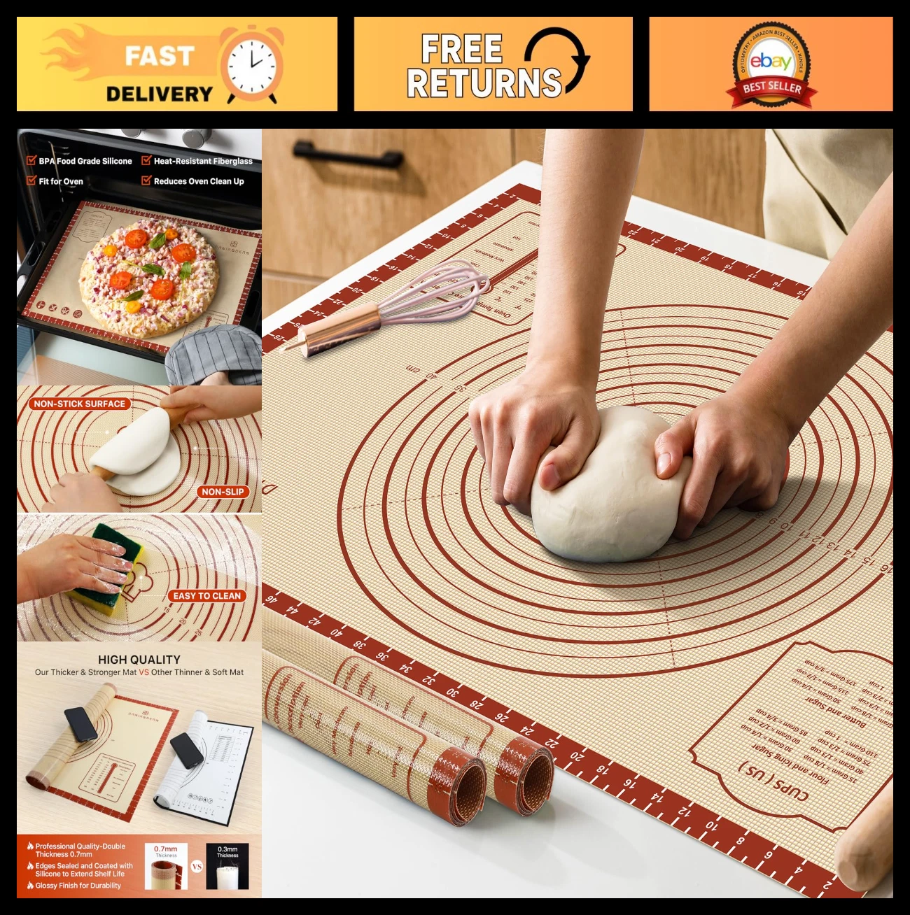 Extra Thick Silicone Baking Mat 28"x20" Non-Stick Dough Rolling Sheet, Reusable
Opens in a new windo