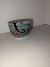 Studio Art Pottery Knitting/Crochet Yarn Bowl Holder Ceramic Blue Brown Stamped