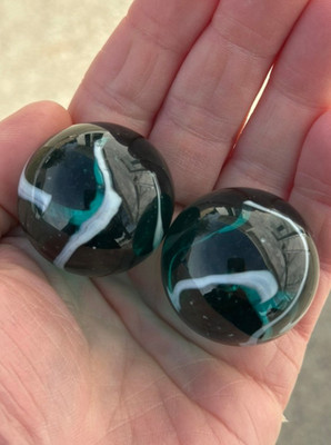 2 BOULDERS 35mm AEGEAN Marbles 1-3/8'' Glass Ball Teal Blue/White Giant LARGE