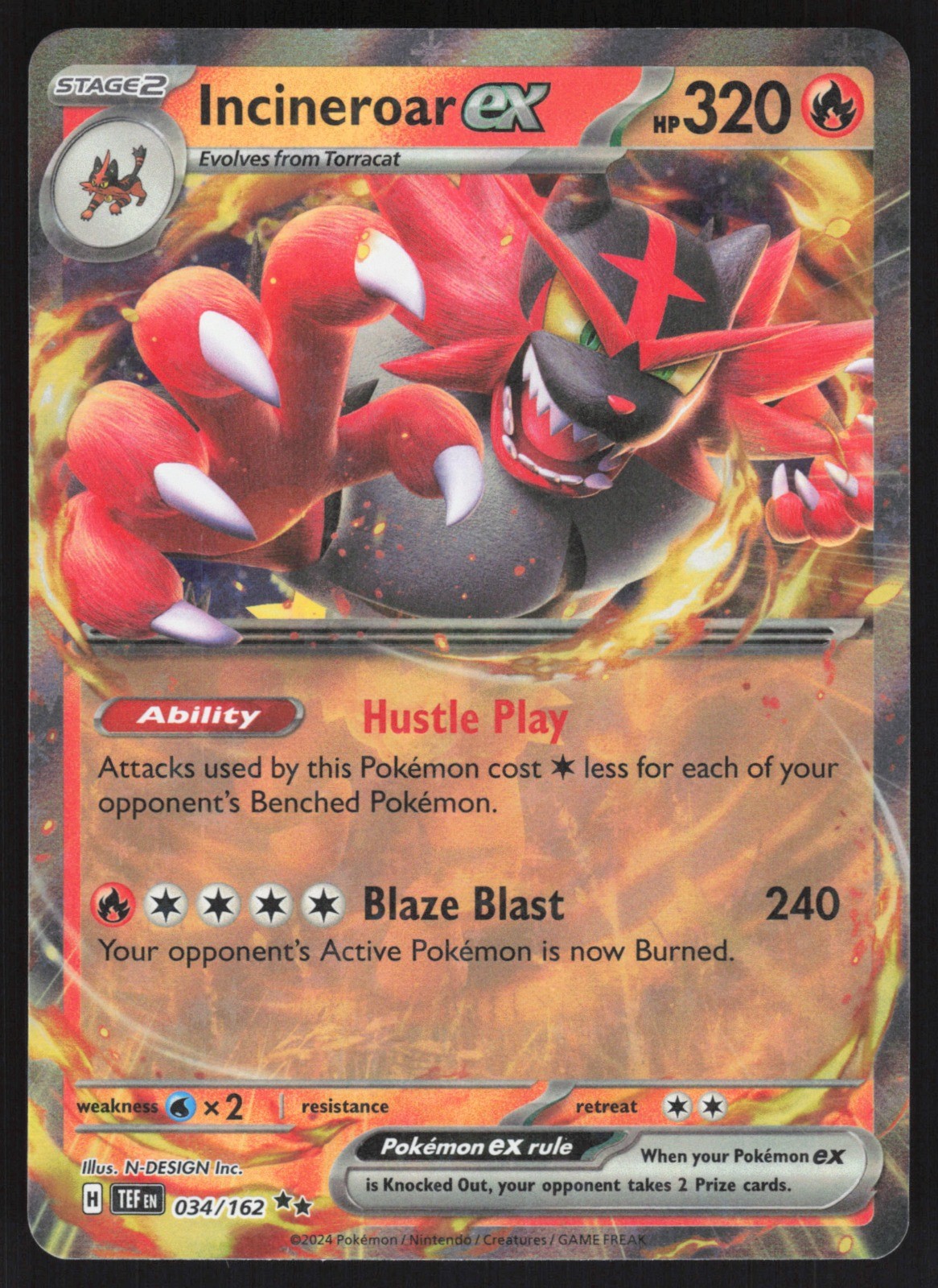 Incineroar ex - Holo 034/162 NM SV05: Temporal Forces Pokemon Card