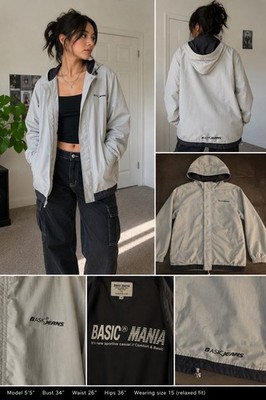 Basic Jeans Gray Hooded Windbreaker Jacket Full Zip Lined, Size (42'')