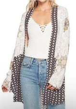 Free People Boho Hippie Floral Kimono Size M Forget Me Not Cardigan Ivory Blck  