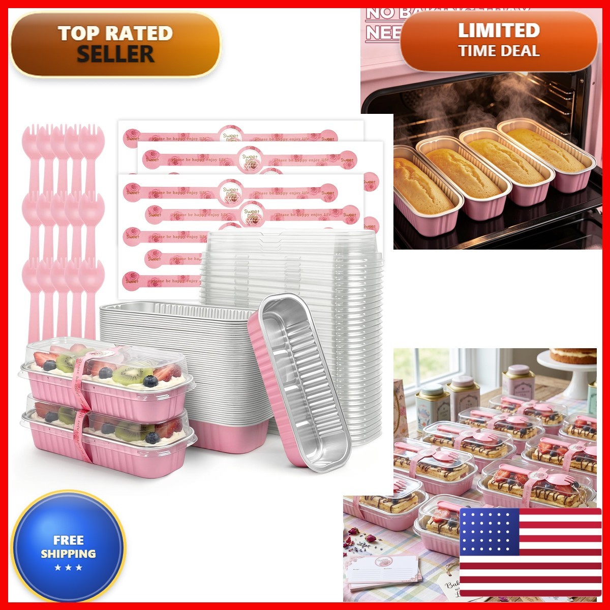 FULGNU 100 Pack Mini Loaf Cakes Pans Lids And Spoons, 6.8oz Rectangle Aluminum