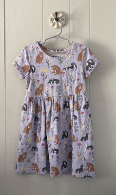 Mini Boden Short Sleeve Whimsical Cat Mushroom Print Dress Sz 7-8 Years *READ