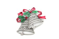 Vtg JJ Pewter Tone Large Christmas Bells Brooch w/Enamel & Crystal Rhinestones