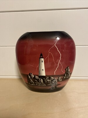 Beautiful Hand painted Vase With A Lighthouse In Rocks Nautical Scenery In E.C.