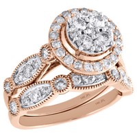 14K RoséGold Diamant Brautset Blumen Verlobungsring + Ehering 1,50 Ct.