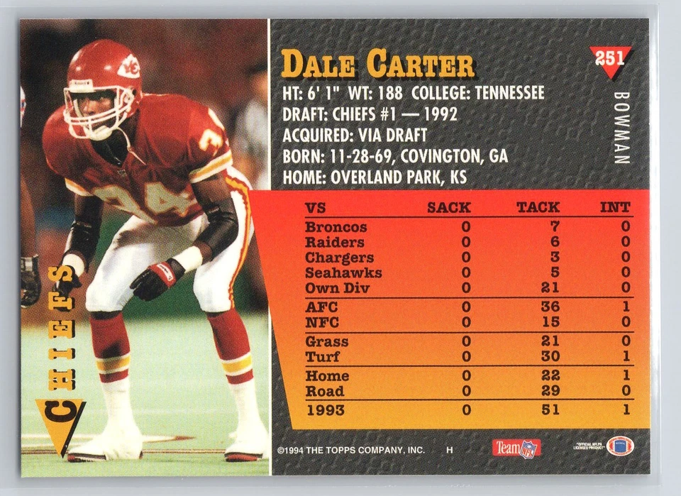 1994 Bowman #251 Dale Carter - Chiefs - Image 2 of 2