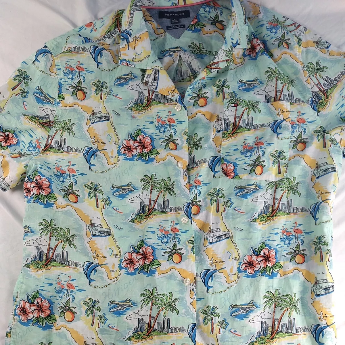 Tommy Hilfiger Florida Mens Hawaiian Button Down Shirt Size XL AOP