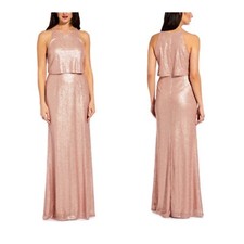 Adrianna Papell Sequin Popover Maxi Cocktail Wedding Gown Dress Blush Size 6 NWT