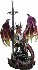 Large Hyperion Red Crystal Heart Armored Dragon Keeper Of Orb And Dagger Statue