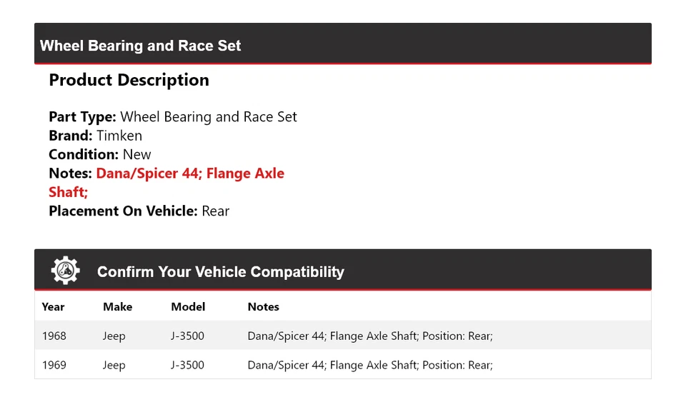 Задний подшипник колеса и гоночный комплект для Jeep J-3500 1968-1969 годов выпуска Timken - Изображение 2 из 4