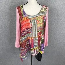 Poeme Citron Size L Shirt Tunic Top Size L Pink Floral Stretch Asymmetrical Hem