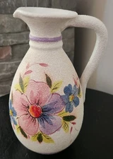 Vintage Textured Vase Pitcher With Handle Beautiful Flowers Made In Italy