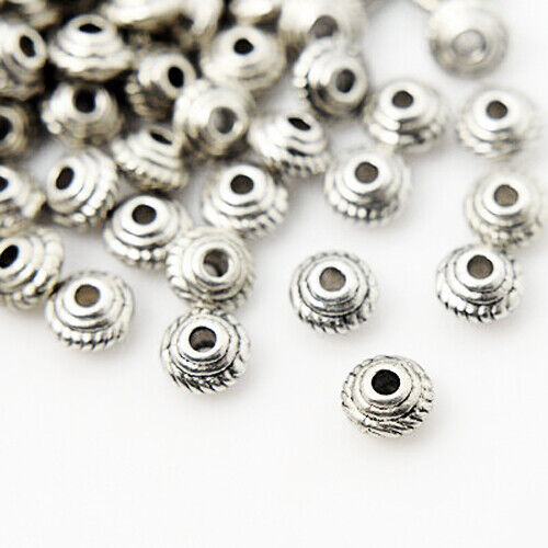 100 BULK Beads Antiqued Silver Metal Spacers Bicone Rondelle 5mm Detailed  - Picture 1 of 1