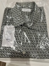 New Salvatore Ferragamo Beige Gancio All Over Men Button Down Shirt L 590