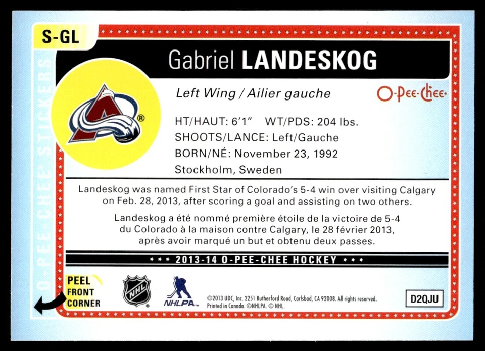 2013-14 O-Pee-Chee Stickers Gabriel Landeskog Colorado Avalanche #S-GL R120 - Image 2 of 2
