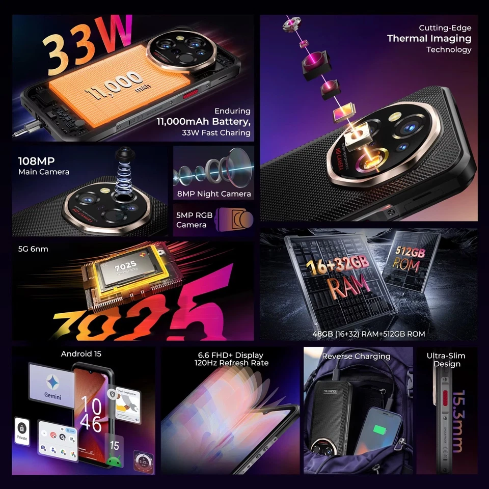 OUKITEL WP55 Ultra Wärmebildgebung 5G Robust Handys 48GB+512GB 11000mAh 33W NFC - Bild 3 von 4