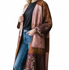 Zara Limited Edition Embroidered Patchwork Kimono Coat Jacket M L Pink Burgundy
