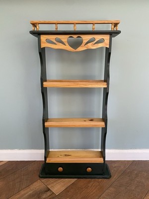 Heart Scroll 3 Shelf Unit Green/Wood Spindles Drawer Cottage Granny Farmhouse
