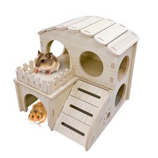 Hamster Wood House Wooden Hideout Maze Double Decker Hut Climbing Ladder Toy