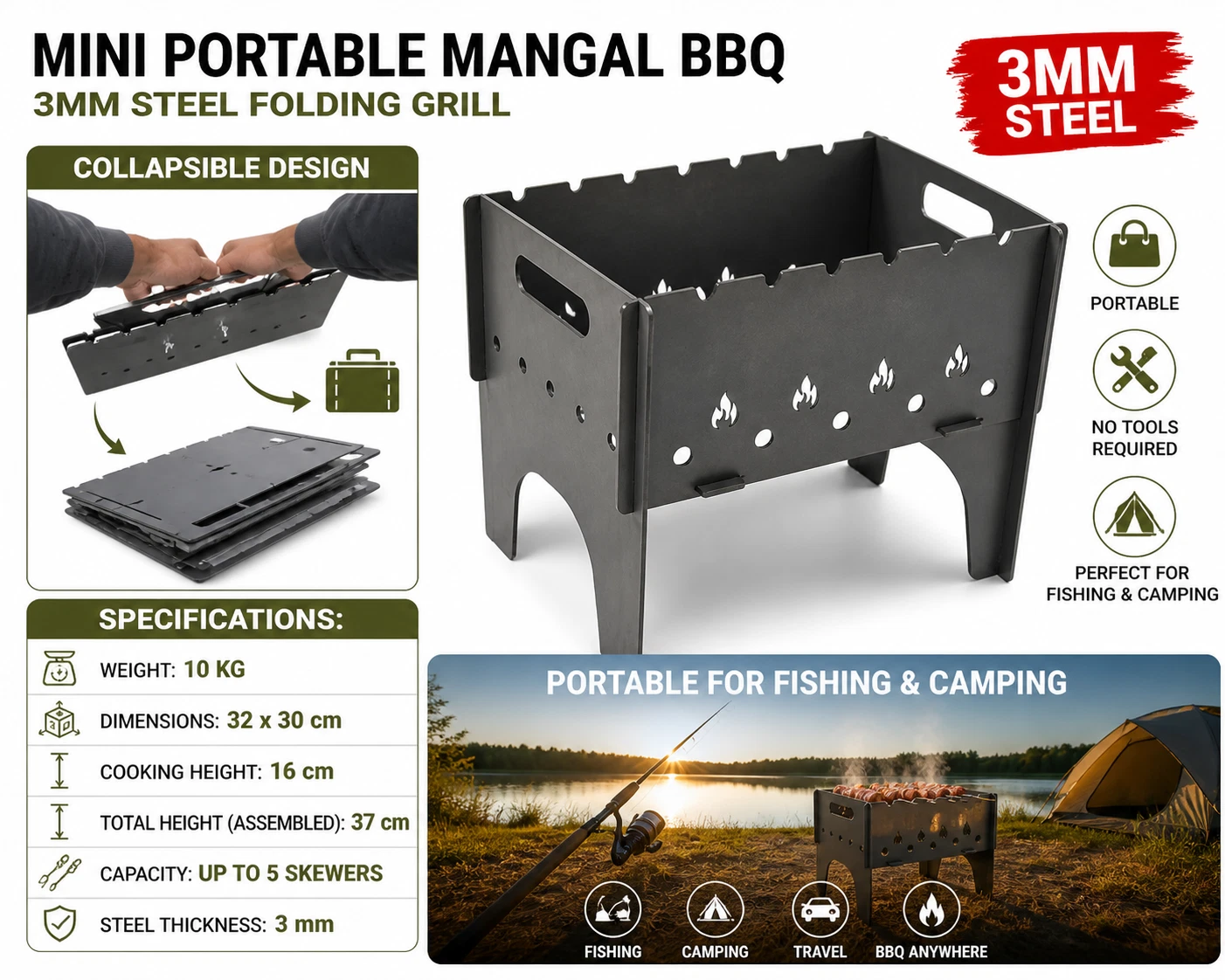 Mini 32x30x37 cm | 3mm Portable Mangal BBQ Steel Folding Grill | Camping Fishing
Opens in a new wind