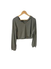 New Women's Size Large Grey Cropped Long Sleeve Pullover Hoodie