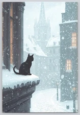 Snowy Winter Scene Black Cat on Ledge 4x6 NEW Image Card Blank Back France