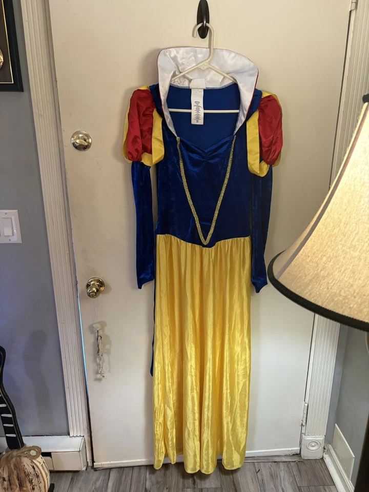 Fantasia Branca de Neve Adulto Tamanho M Completa com Capa, Peruca Preta e Laço de Cabelo Vermelho RARO - Imagem 2 de 4